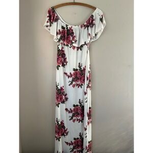 White Floral Off Shoulder Maxi Dress Ruffle Flutter Sleeve Summer Boho Romantic‎